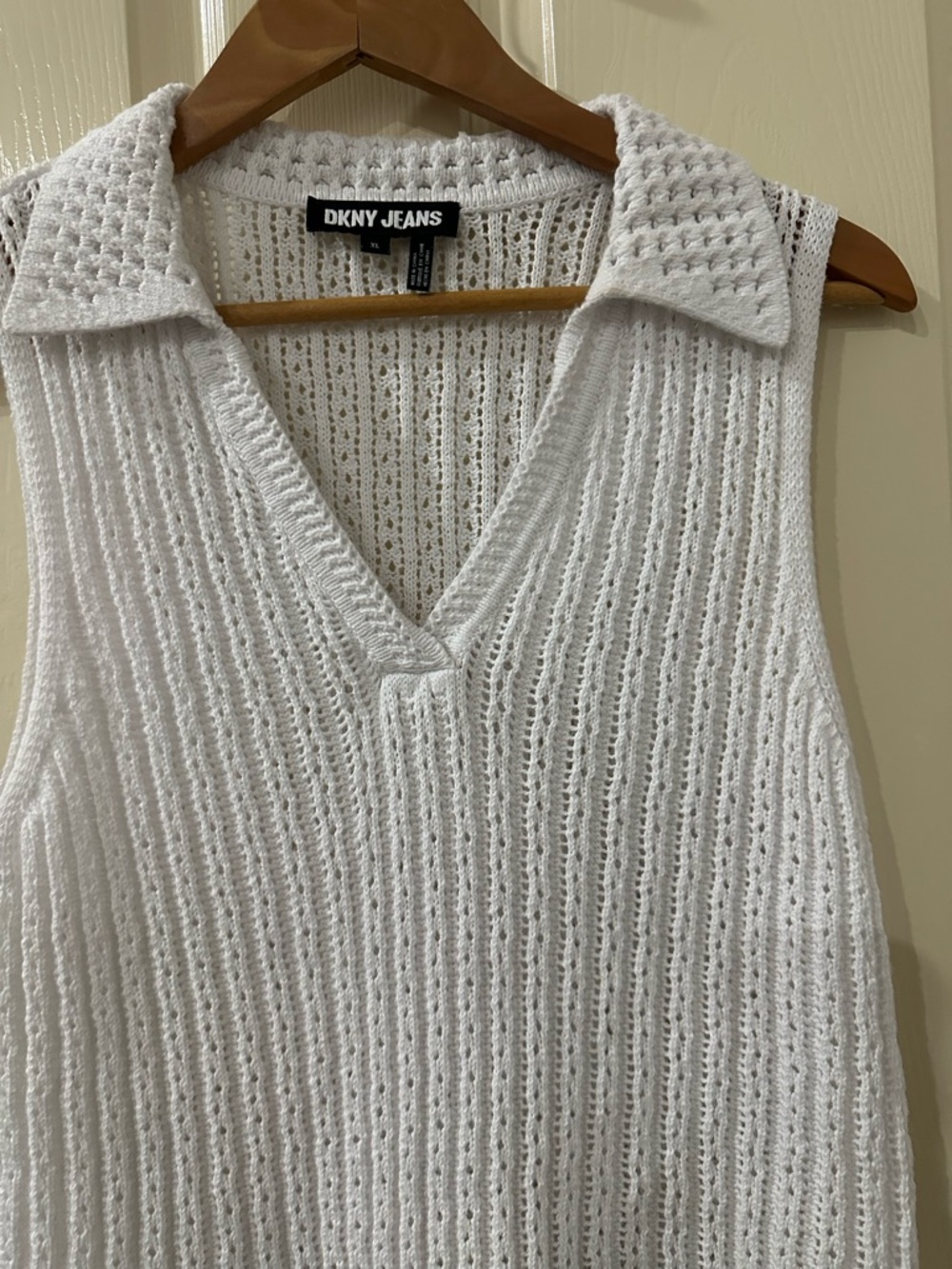 DKNY JEANS White Open-Knit Sleeveless Sweater /Top w/Collar Sz XL